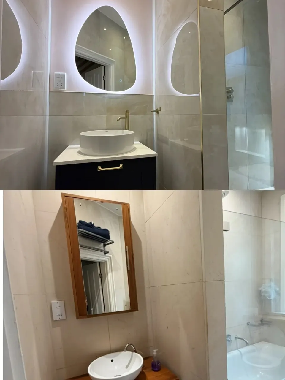 Finished bathroom detail with shower enclosure and vanity