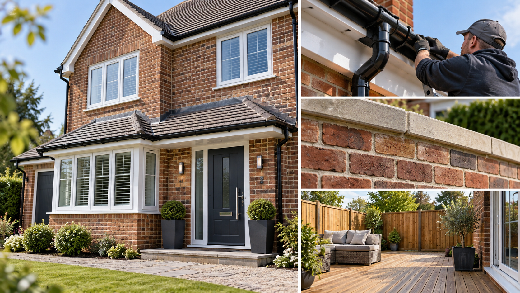 Exterior property improvements including guttering, brickwork and decking